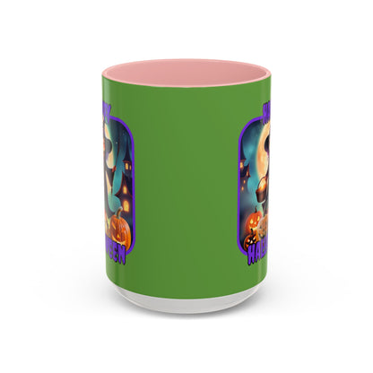 Happy Halloween Little Witch Purple font Green Accent Mug by CreepyCrafts.boo