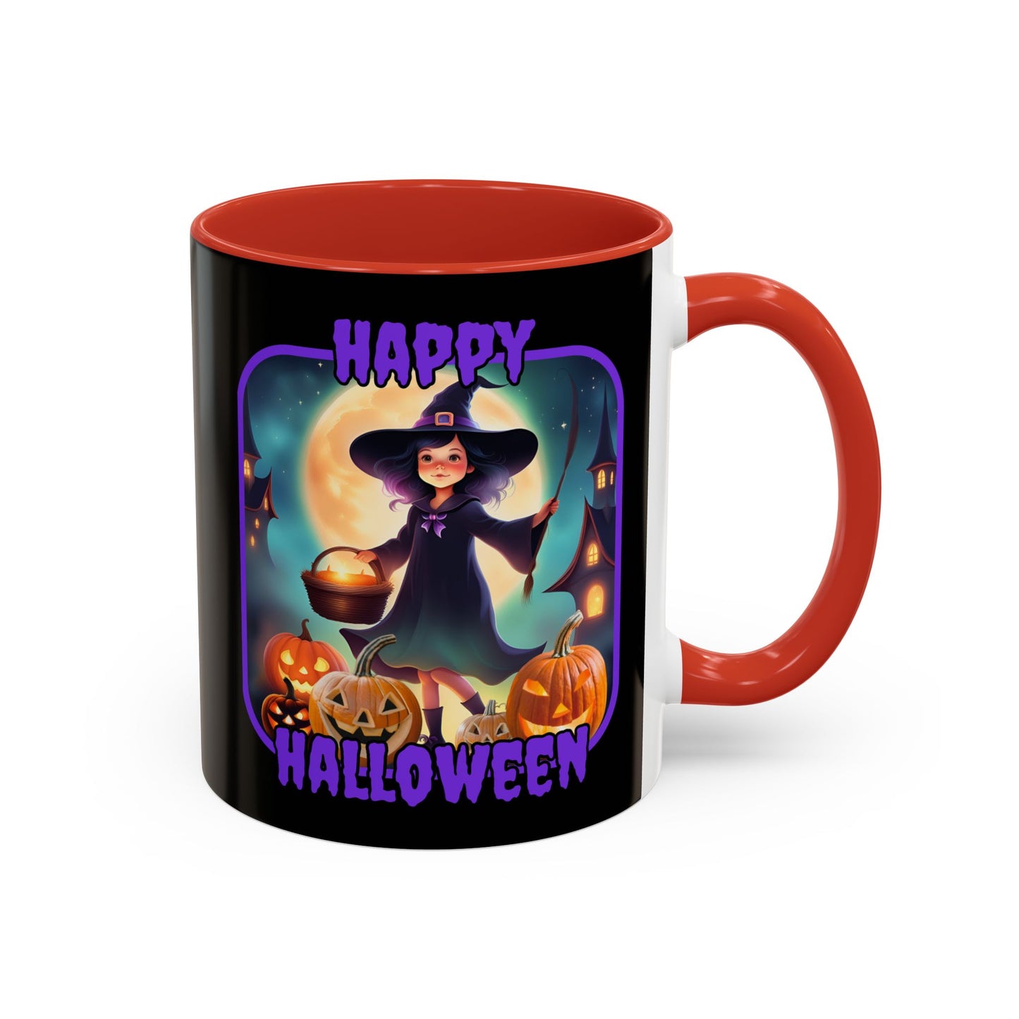 Happy Halloween Little Witch Purple font Black Accent Mug by CreepyCrafts.boo