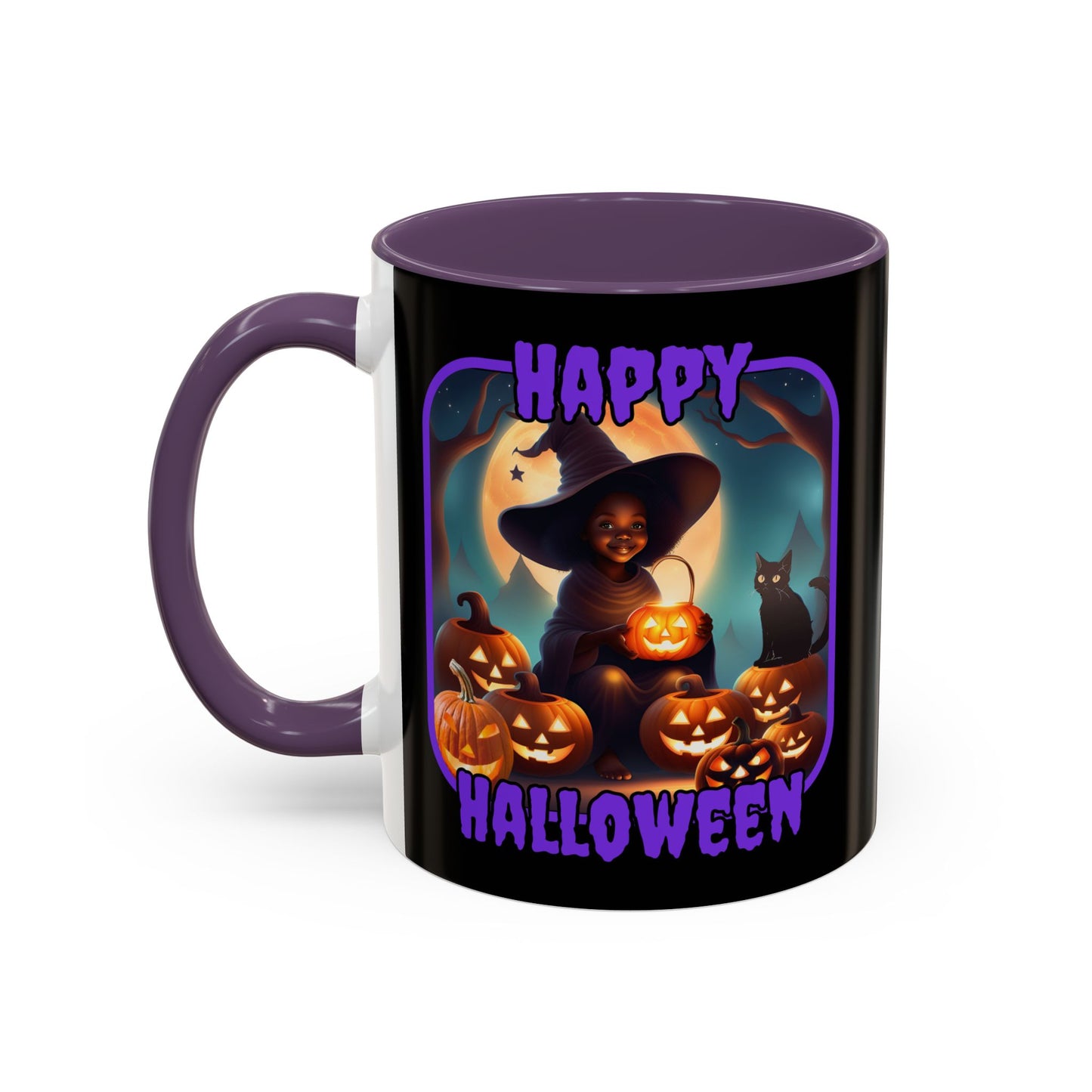 Happy Halloween Cute Witch Purple font Black Accent Mug by CreepyCrafts.boo