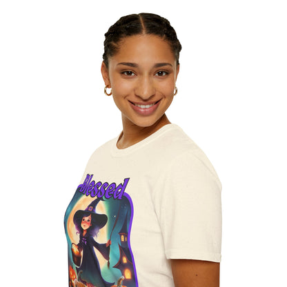 Blessed Samhain Little Witch Purple font Light colors Unisex T-Shirt by CreepyCrafts.boo
