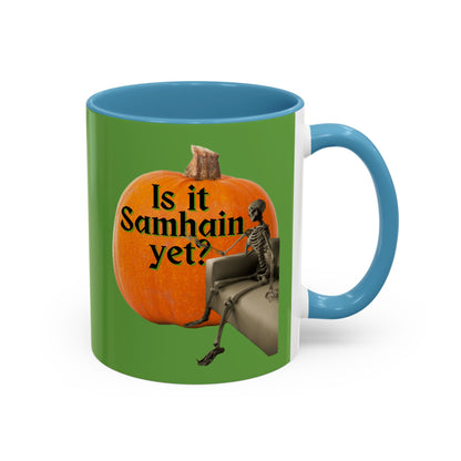 Is It Samhain Yet? Skeleton's Giant Pumpkin Green Accent Mug by CreepyCrafts.boo