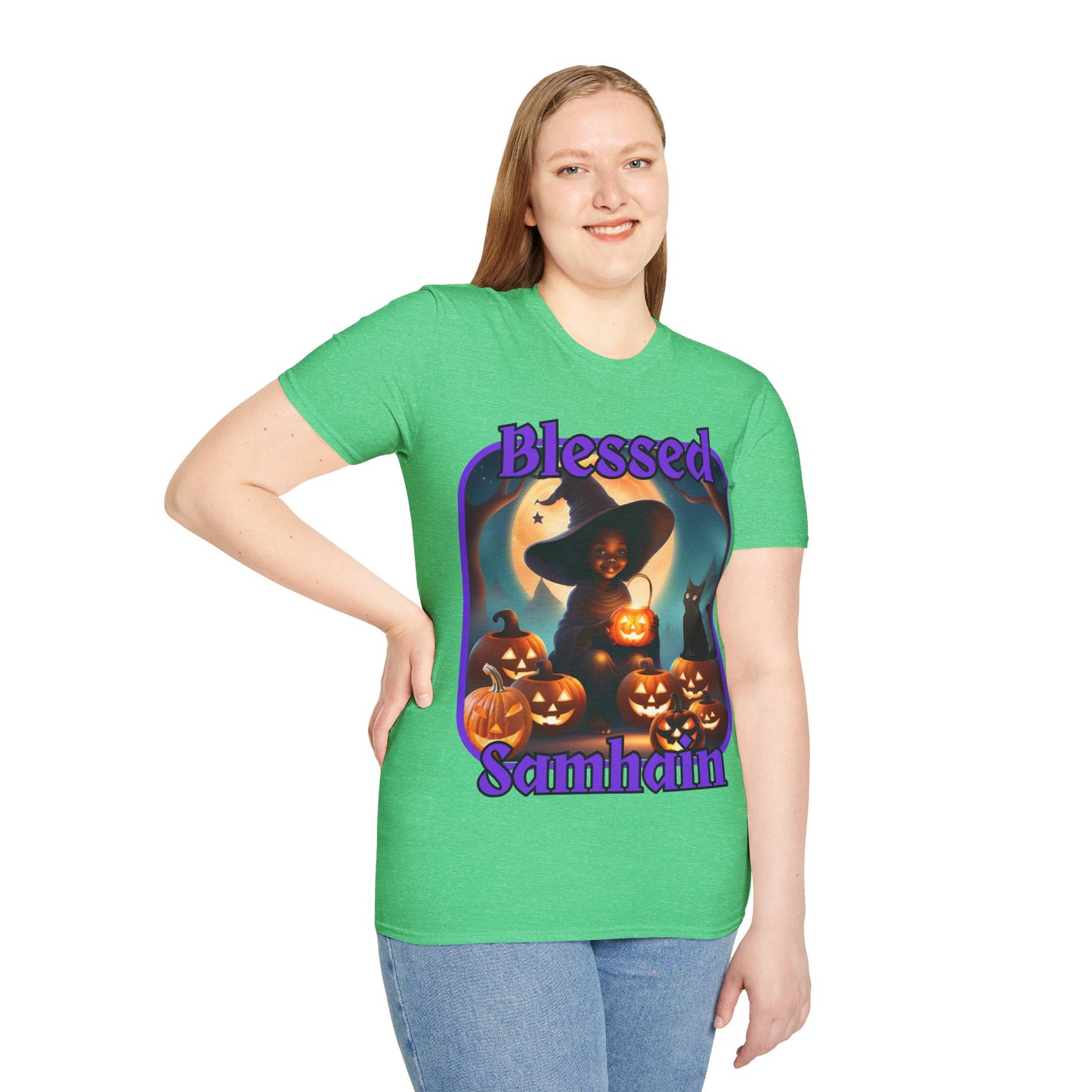Blessed Samhain Cute Witch Purple font Dark colors Unisex T-Shirt by CreepyCrafts.boo