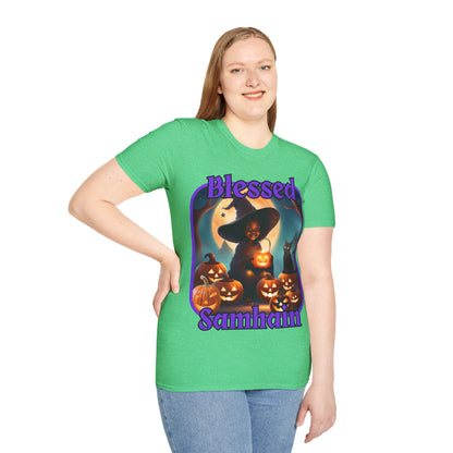 Blessed Samhain Cute Witch Purple font Dark colors Unisex T-Shirt by CreepyCrafts.boo
