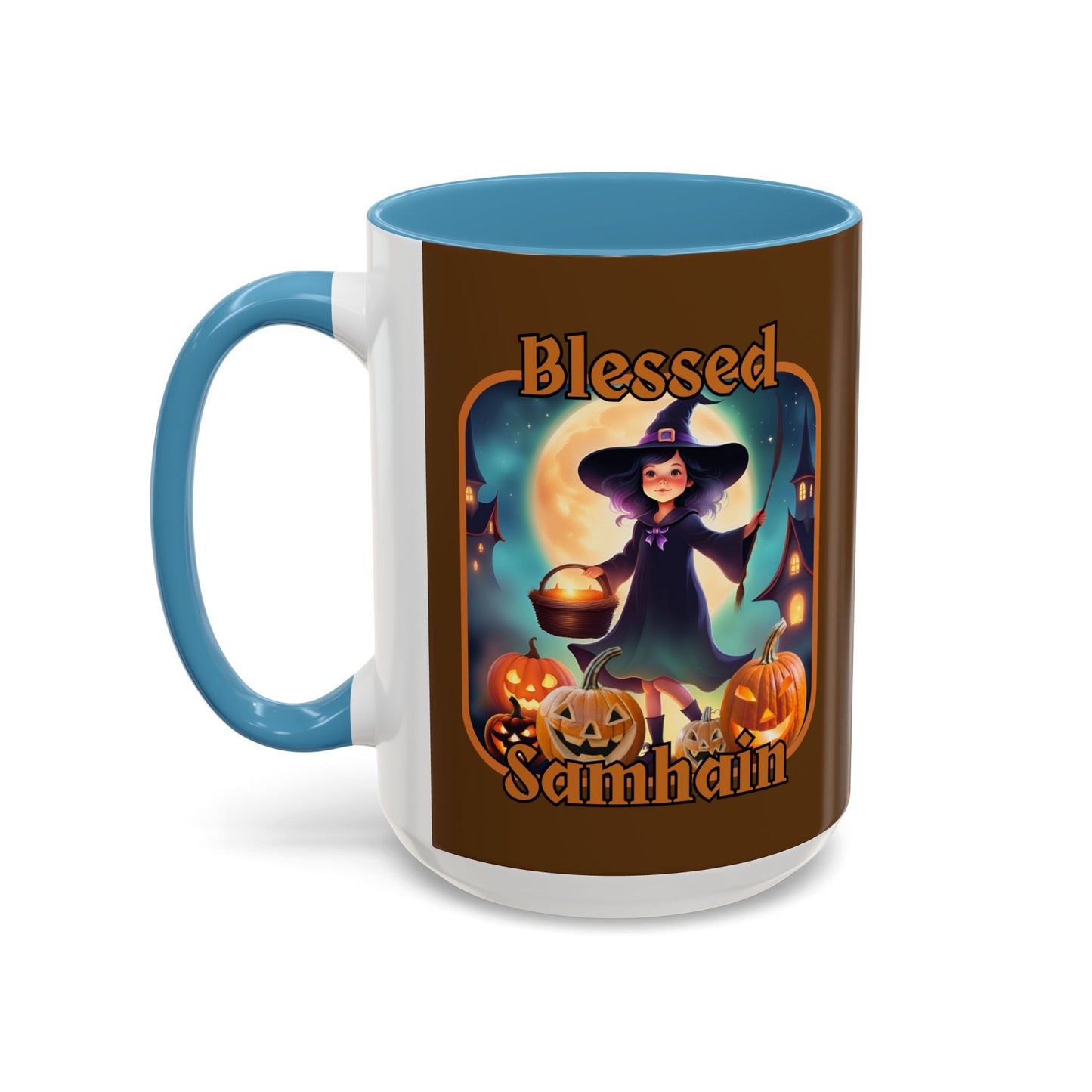 Blessed Samhain Little Witch Orange font Brown Accent Mug by CreepyCrafts.boo