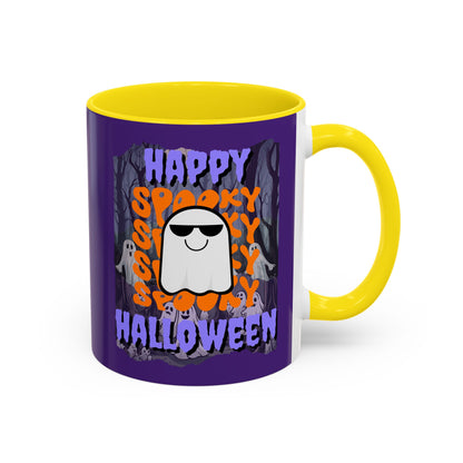 Spooky Happy Halloween Ghost Purple font Purple Accent Mug by CreepyCrafts.boo