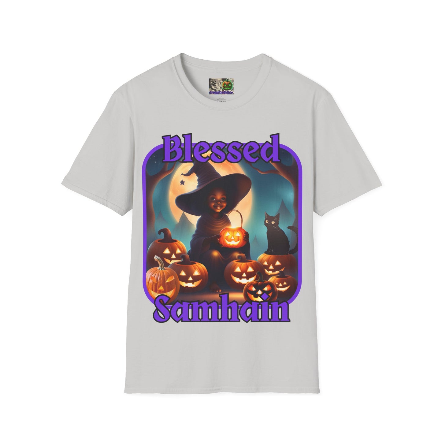 Blessed Samhain Cute Witch Purple font Light colors Unisex T-Shirt by CreepyCrafts.boo