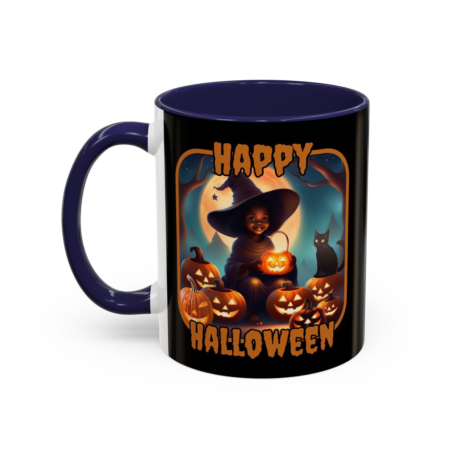Happy Halloween Cute Witch Orange font Black Accent Mug by CreepyCrafts.boo