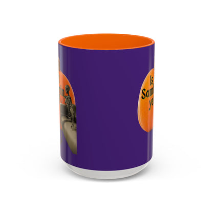 Is It Samhain Yet? Skeleton's Giant Pumpkin Purple Accent Mug by CreepyCrafts.boo