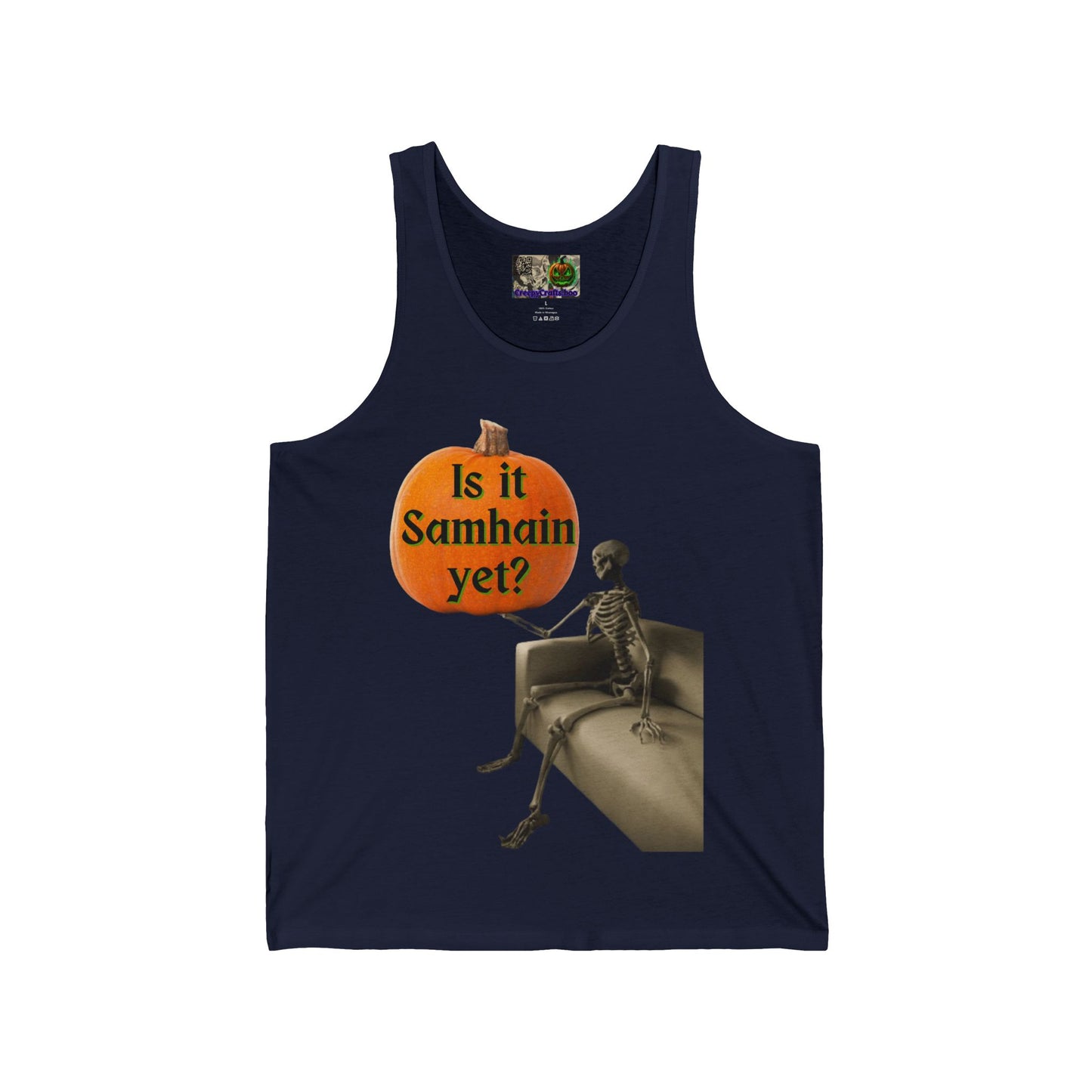Is it Samhain yet? Skeleton's Pumpkin Unisex Jersey Tank Top by CreepyCrafts.boo