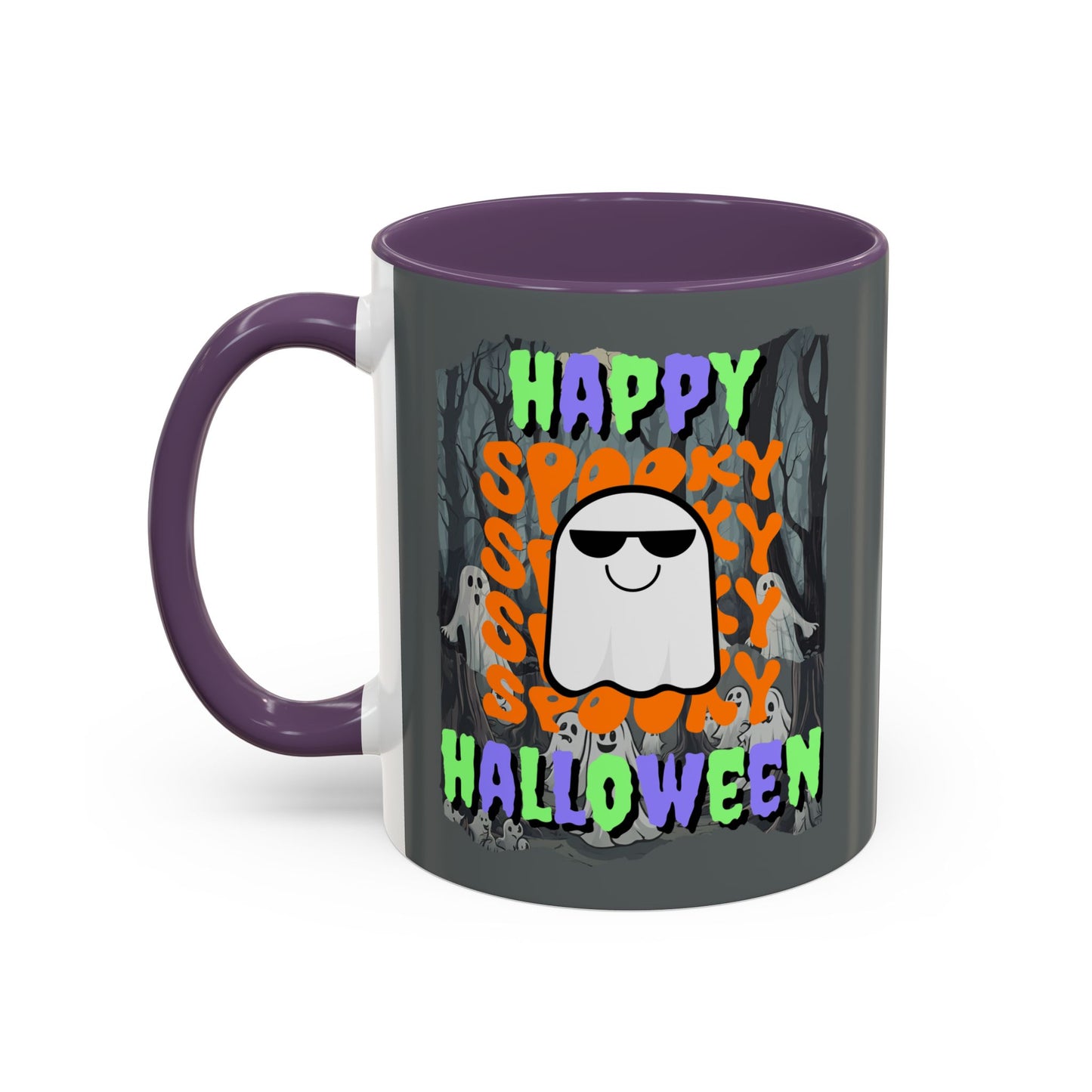 Spooky Happy Halloween Ghost Mixed font Grey Accent Mug by CreepyCrafts.boo
