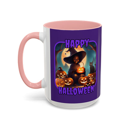 Happy Halloween Cute Witch Purple font Purple Accent Mug by CreepyCrafts.boo