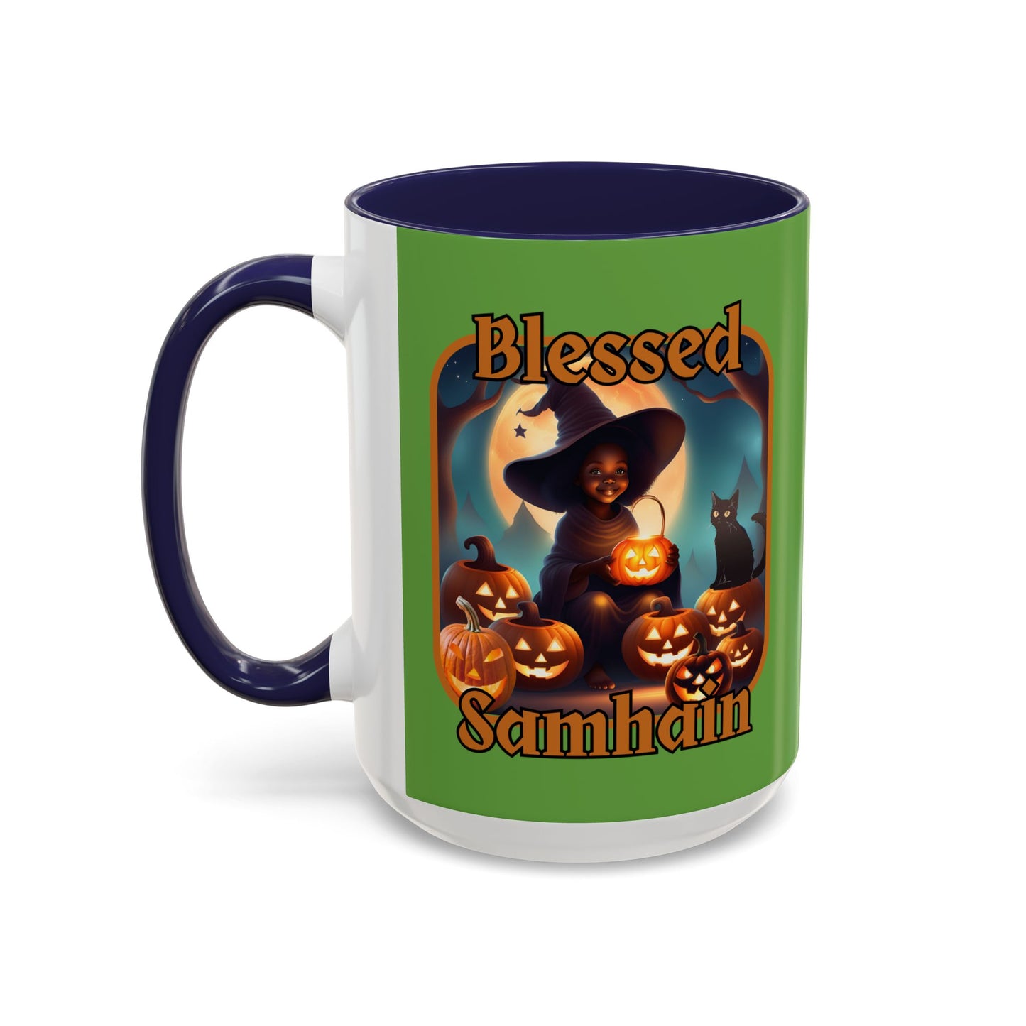 Blessed Samhain Cute Witch Orange font Green Accent Mug by CreepyCrafts.boo