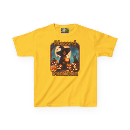 Blessed Samhain Cute Witch Orange font Kids Heavy Cotton™ Tee by CreepyCrafts.boo