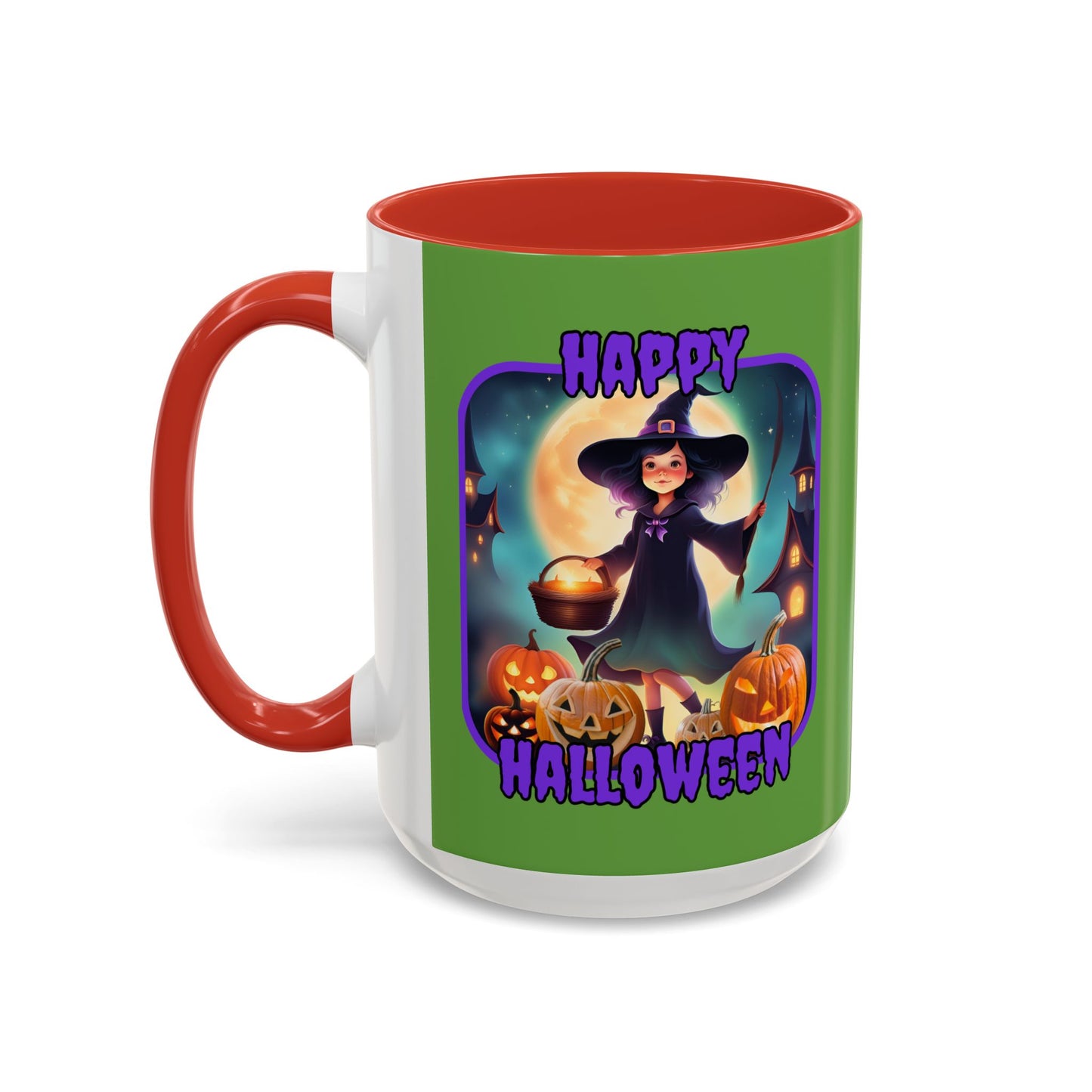 Happy Halloween Little Witch Purple font Green Accent Mug by CreepyCrafts.boo