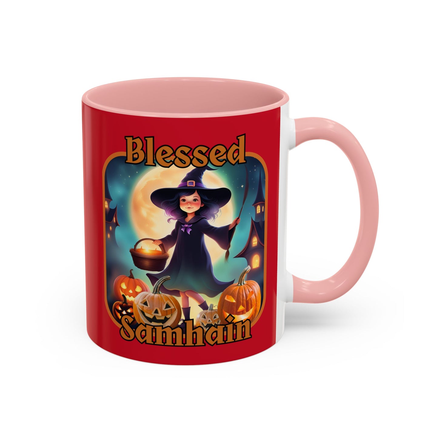 Blessed Samhain Little Witch Orange font Red Accent Mug by CreepyCrafts.boo