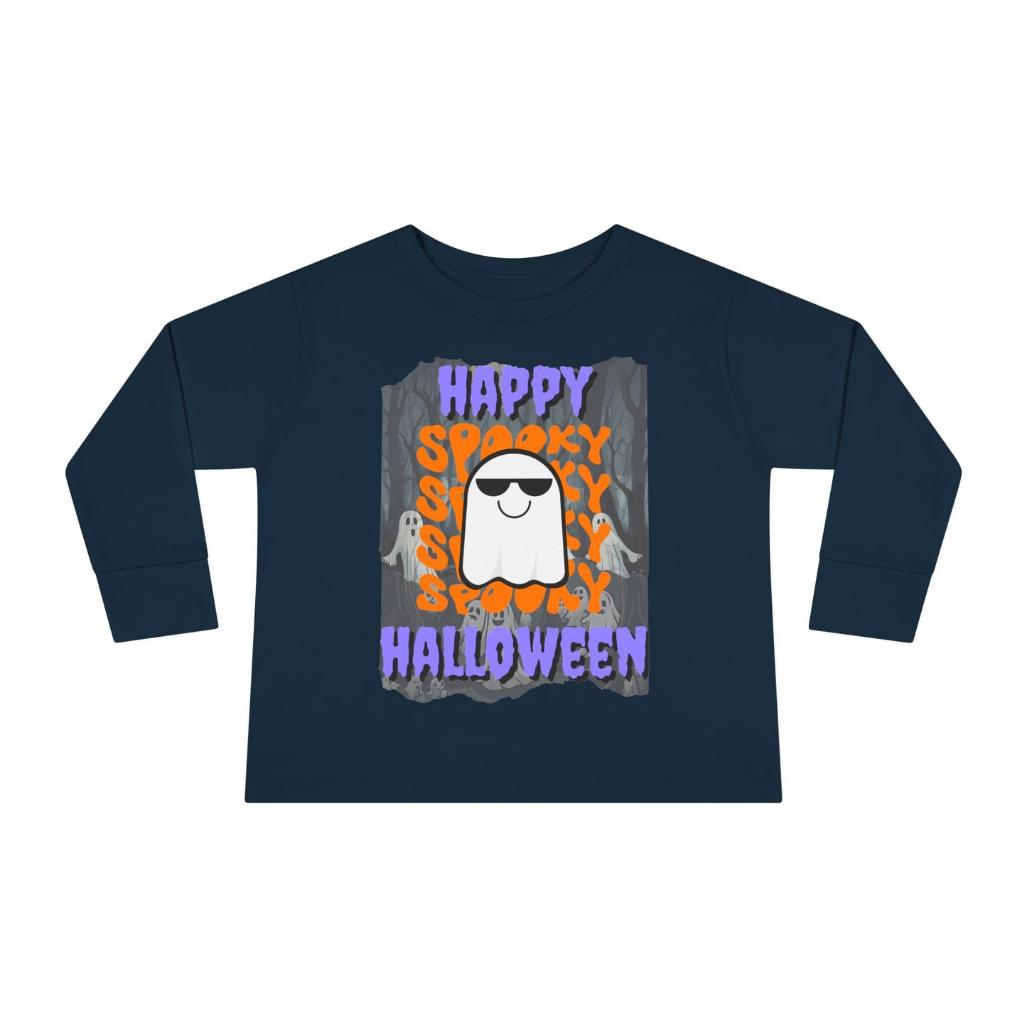 Spooky Happy Halloween Ghost Purple font Toddler Long Sleeve Tee by CreepyCrafts.boo