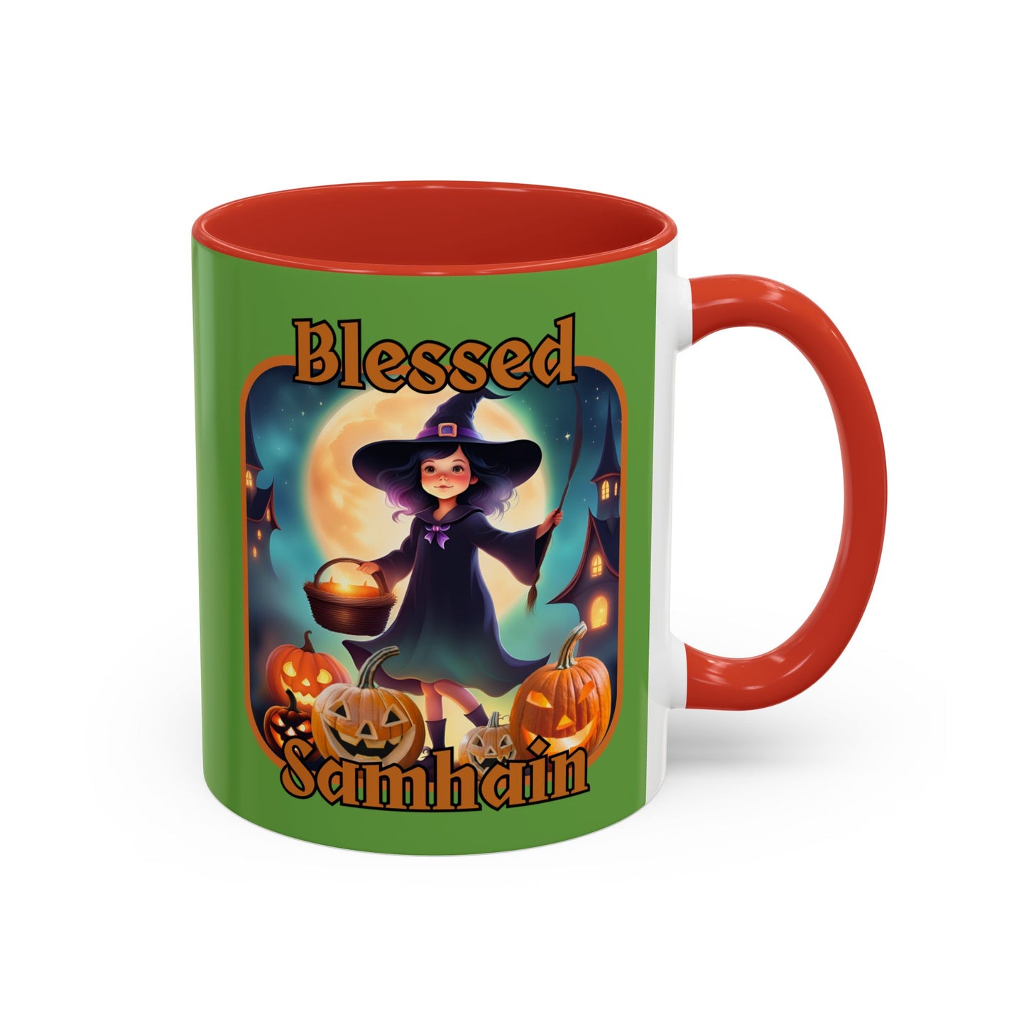 Blessed Samhain Little Witch Orange font Green Accent Mug by CreepyCrafts.boo
