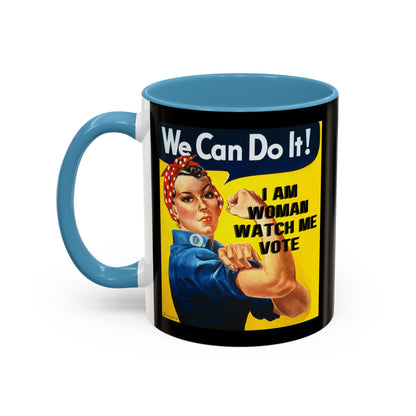 I Am Woman Watch Me Vote Rosie Black Accent Mug by cypherpunkgear.com