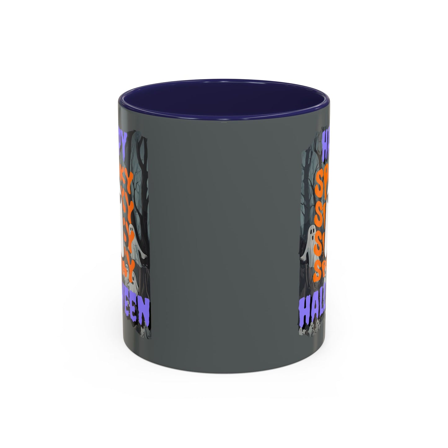 Spooky Happy Halloween Ghost Purple font Grey Accent Mug by CreepyCrafts.boo