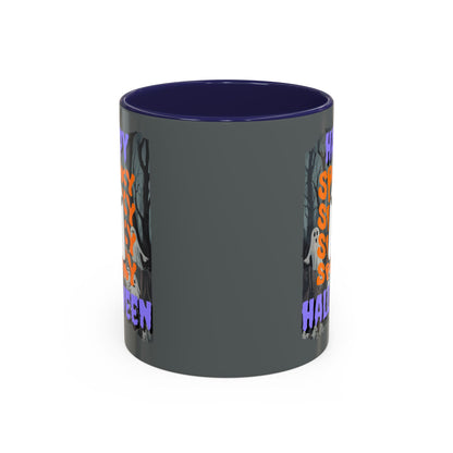 Spooky Happy Halloween Ghost Purple font Grey Accent Mug by CreepyCrafts.boo