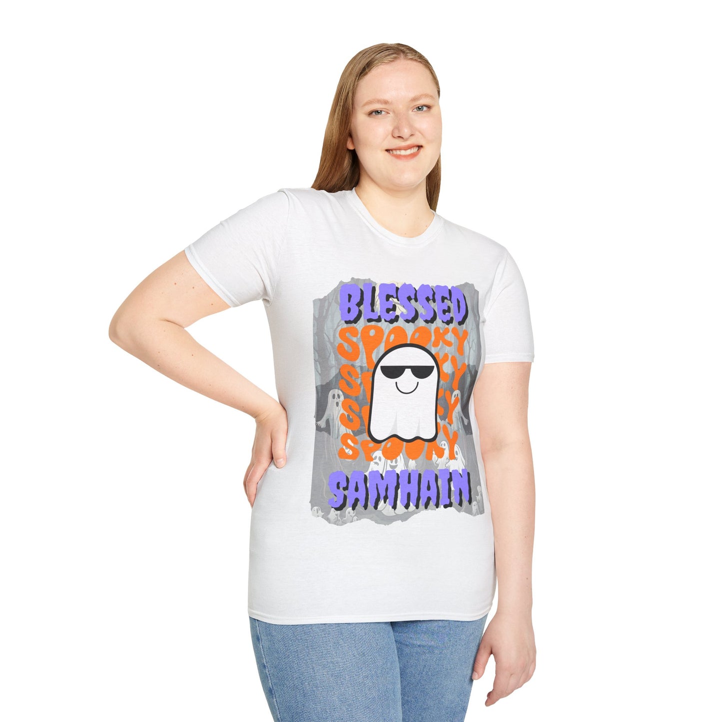 Spooky Blessed Samhain Ghost Purple font Unisex T-Shirt by CreepyCrafts.boo