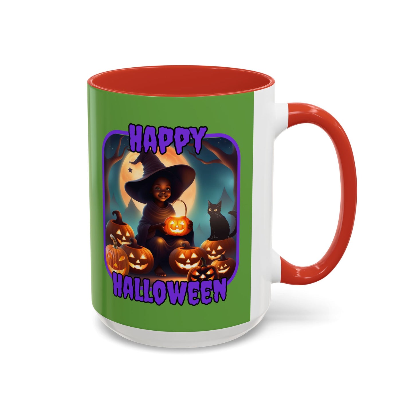 Happy Halloween Cute Witch Purple font Green Accent Mug by CreepyCrafts.boo