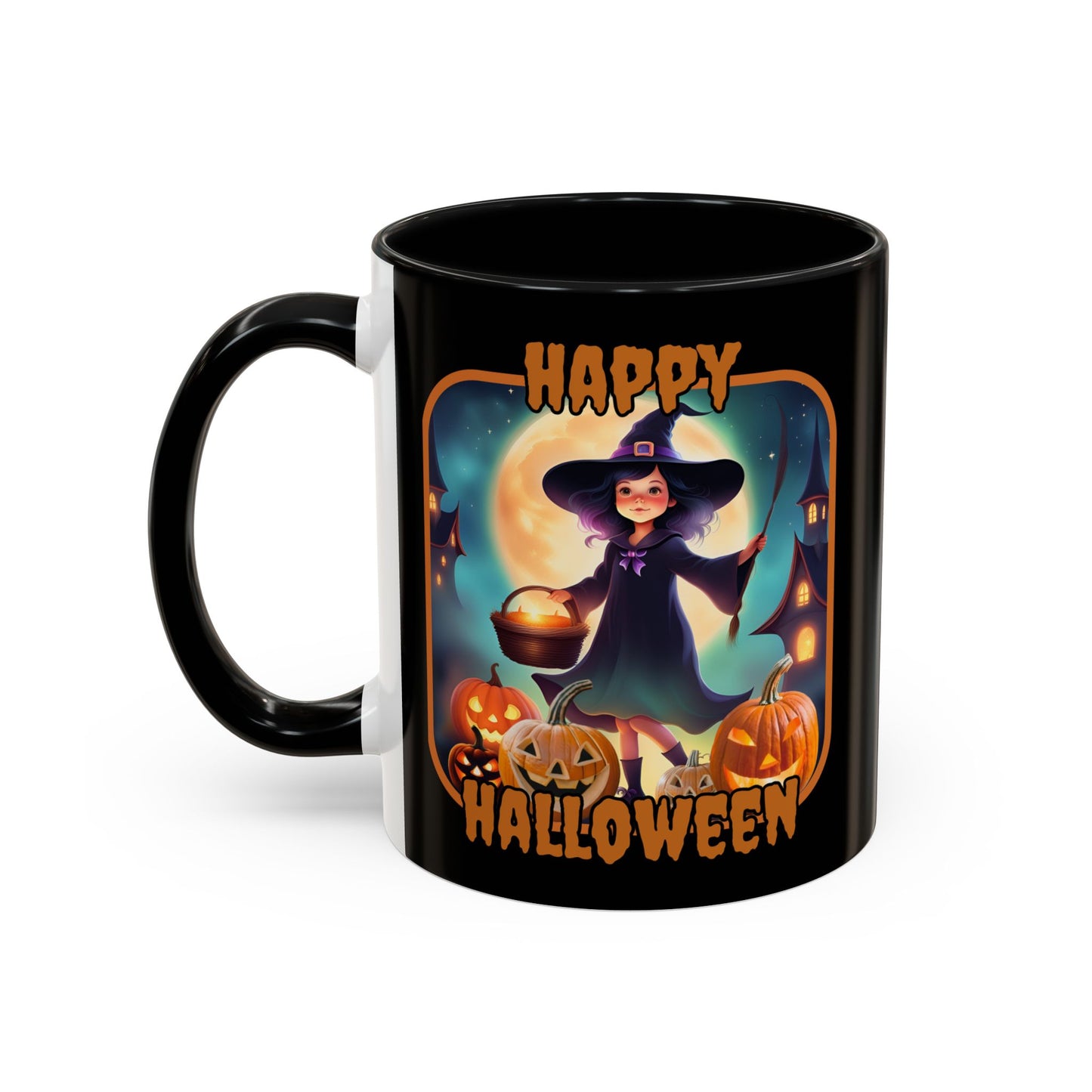 Happy Halloween Little Witch Orange font Black Accent Mug by CreepyCrafts.boo