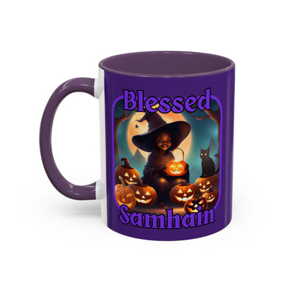 Blessed Samhain Cute Witch Purple font Purple Accent Mug by CreepyCrafts.boo