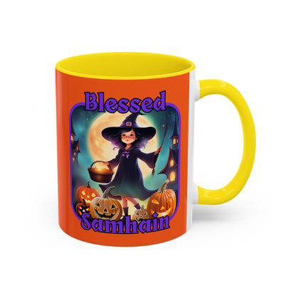 Blessed Samhain Little Witch Purple font Orange Accent Mug by CreepyCrafts.boo