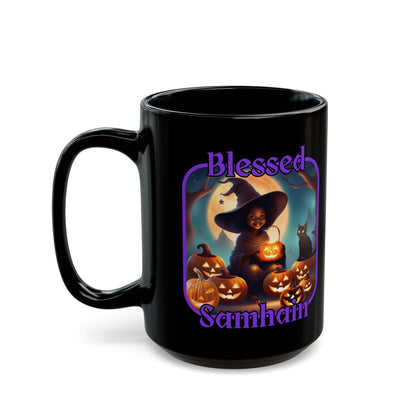 Blessed Samhain Cute Witch Purple font Black Mug by CreepyCrafts.boo