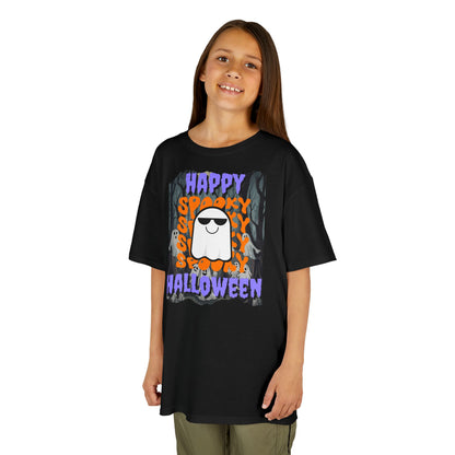 Spooky Happy Halloween Ghost Purple font Kids Heavy Cotton™ Tee by CreepyCrafts.boo