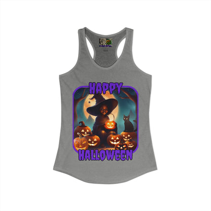 Happy Halloween Cute Witch Purple font Women's Racerback Tank Top by CreepyCrafts.boo