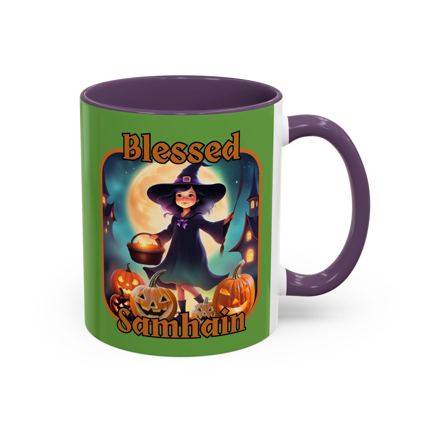 Blessed Samhain Little Witch Orange font Green Accent Mug by CreepyCrafts.boo