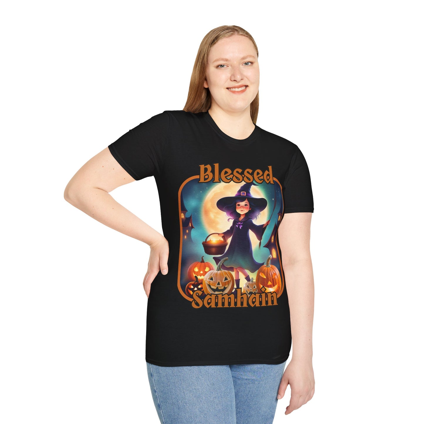 Blessed Samhain Little Witch Orange font Dark colors Unisex T-Shirt by CreepyCrafts.boo