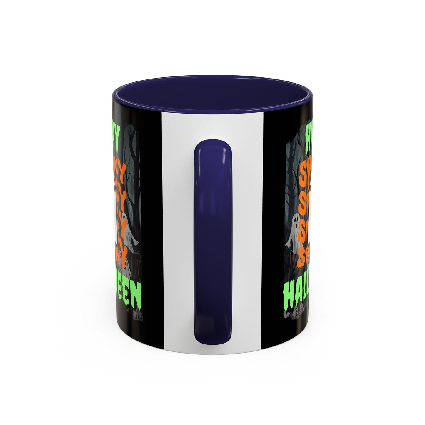 Spooky Happy Halloween Ghost Green font Black Accent Mug by CreepyCrafts.boo