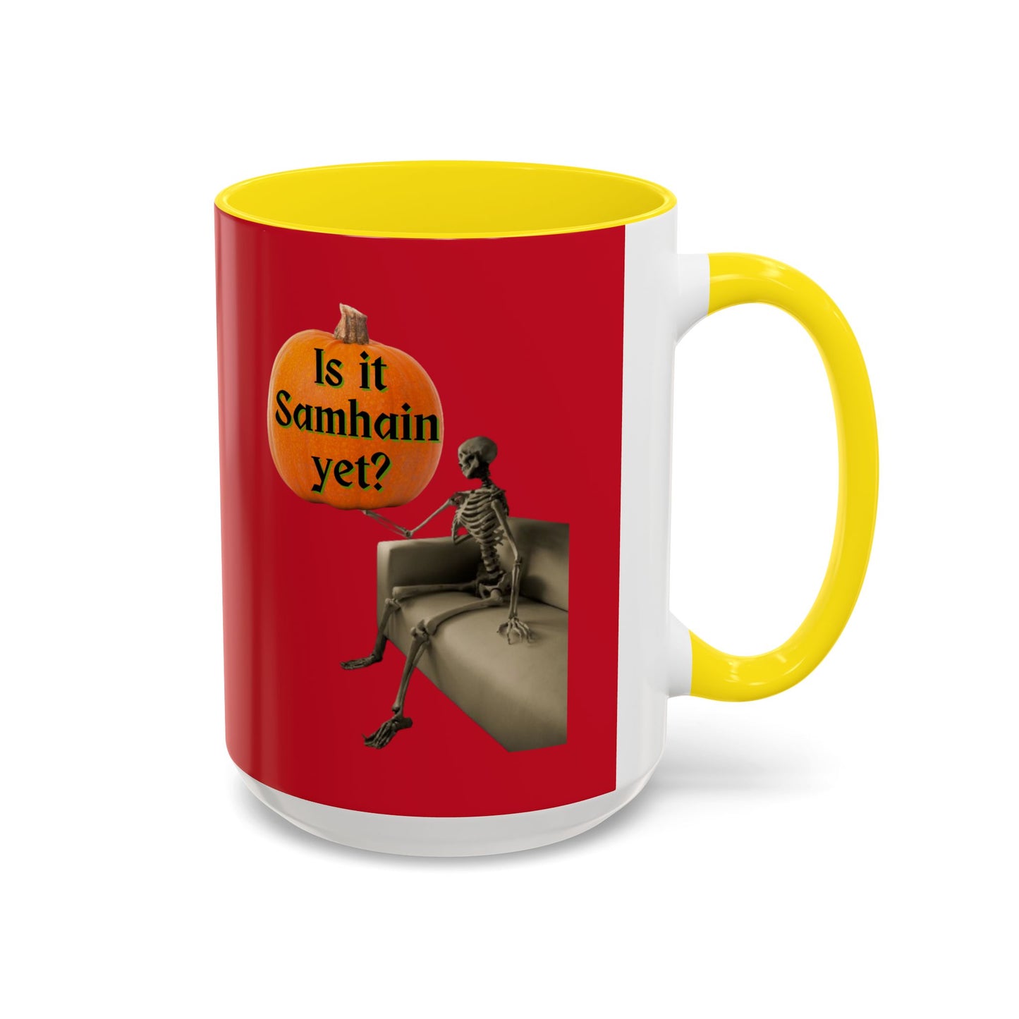 Is it Samhain yet? Skeleton's Pumpkin Red Accent Mug by CreepyCrafts.boo