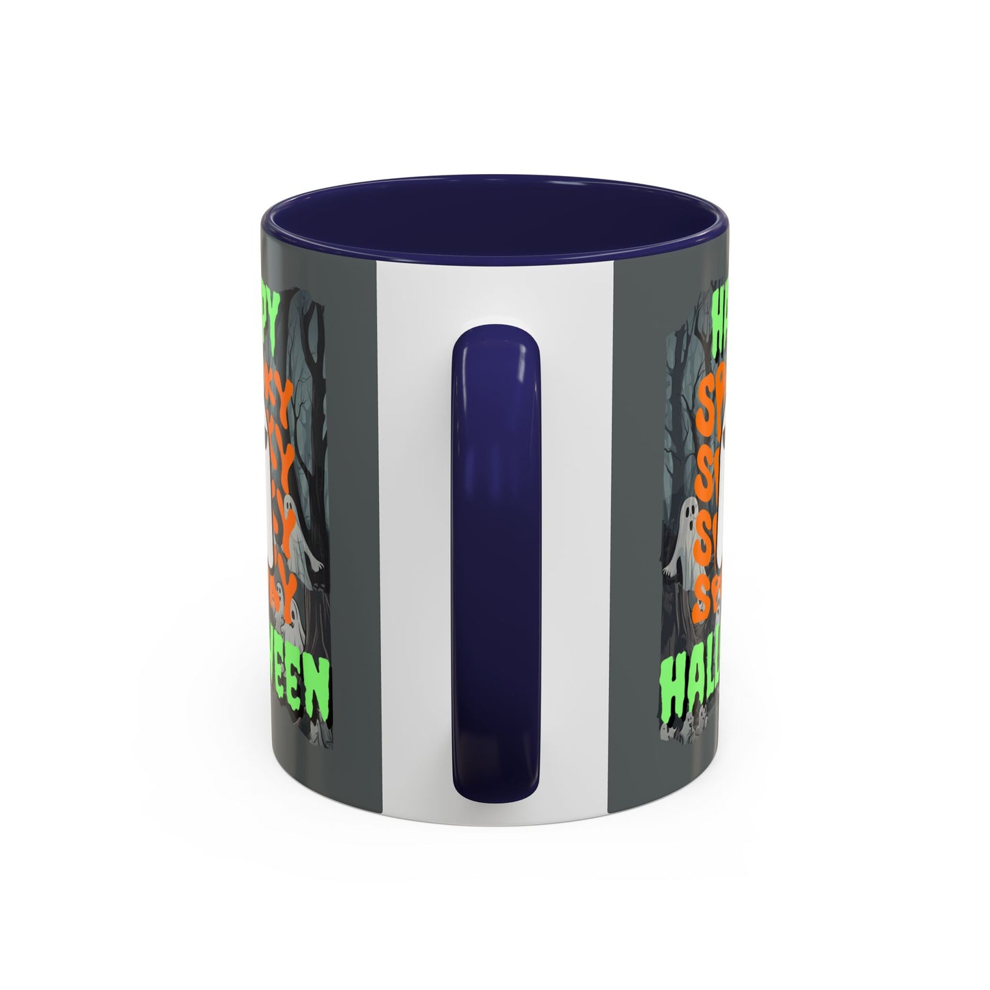Spooky Happy Halloween Ghost Green font Grey Accent Mug by CreepyCrafts.boo