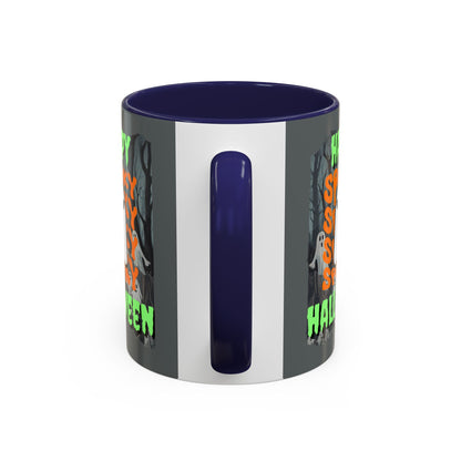 Spooky Happy Halloween Ghost Green font Grey Accent Mug by CreepyCrafts.boo