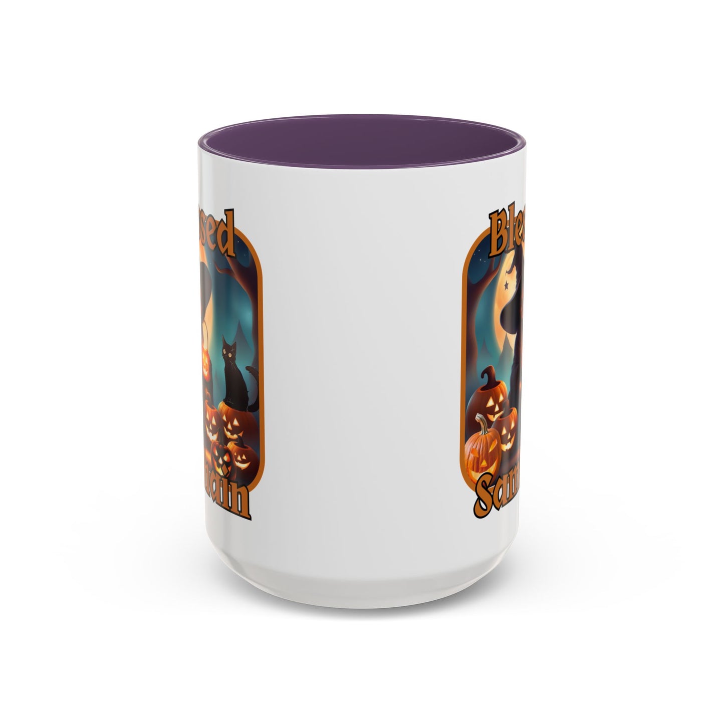 Blessed Samhain Cute Witch Orange font White Accent Mug by CreepyCrafts.boo