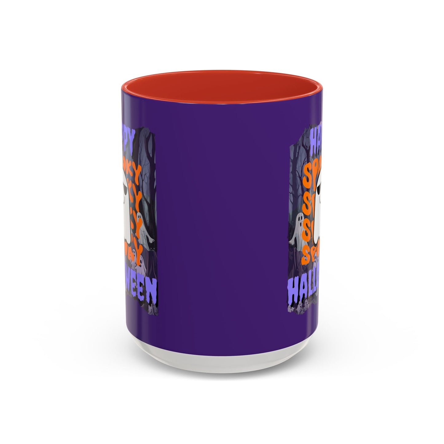 Spooky Happy Halloween Ghost Purple font Purple Accent Mug by CreepyCrafts.boo