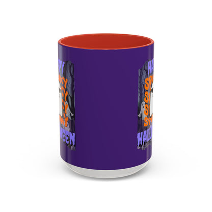 Spooky Happy Halloween Ghost Purple font Purple Accent Mug by CreepyCrafts.boo