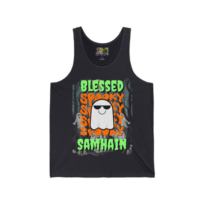 Spooky Blessed Samhain Ghost Green font Unisex Jersey Tank Top by CreepyCrafts.boo