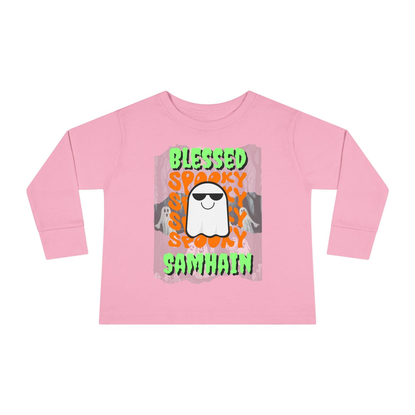 Spooky Blessed Samhain Ghost Green font Toddler Long Sleeve Tee by CreepyCrafts.boo