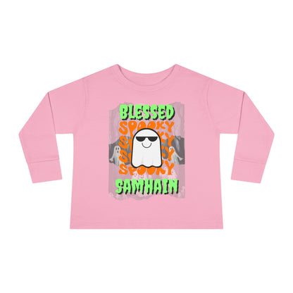 Spooky Blessed Samhain Ghost Green font Toddler Long Sleeve Tee by CreepyCrafts.boo