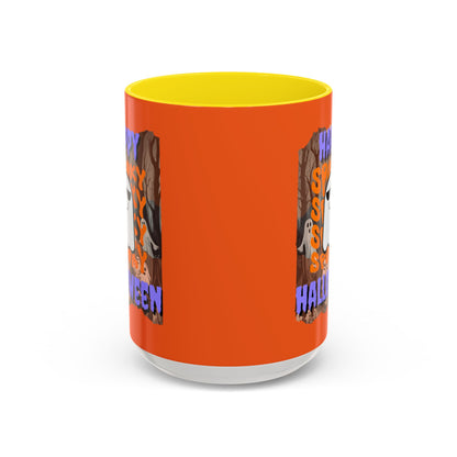Spooky Happy Halloween Ghost Purple font Orange Accent Mug by CreepyCrafts.boo