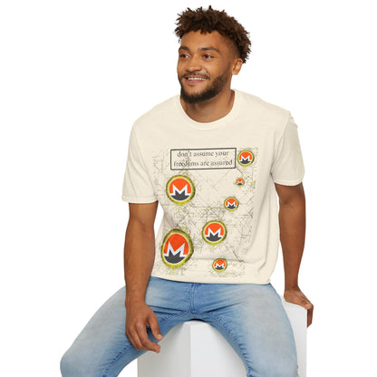 Monero (XMR) don't assume your freedoms are assured Light colors Unisex T-Shirt by cypherpunkgear.com