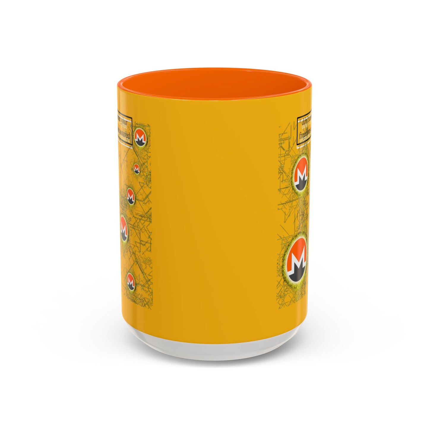 Monero (XMR) don't assume your freedoms are assured Yellow Accent Mug by cypherpunkgear.com