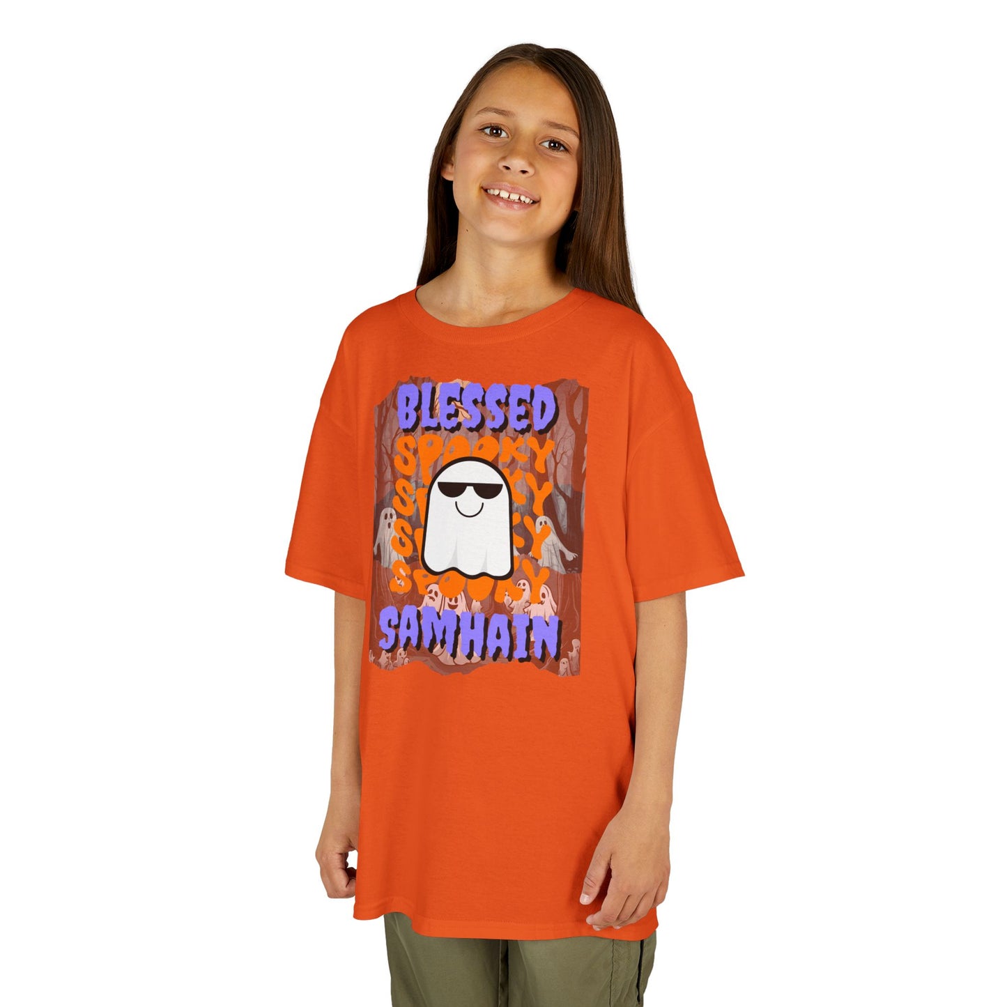 Spooky Blessed Samhain Ghost Purple font Kids Heavy Cotton™ Tee by CreepyCrafts.boo