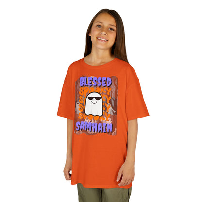 Spooky Blessed Samhain Ghost Purple font Kids Heavy Cotton™ Tee by CreepyCrafts.boo