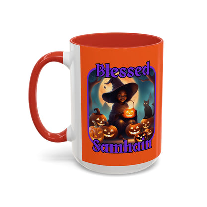 Blessed Samhain Cute Witch Purple font Orange Accent Mug by CreepyCrafts.boo